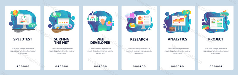 Mobile app onboarding screens. Business plan, financial research and analytics. Menu vector banner template for website and mobile development. Web site design flat illustration