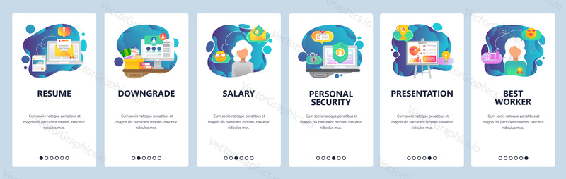 Mobile app onboarding screens. Resume and job offer, best employee, salary and business presentation. Menu vector banner template for website and mobile development. Web site design flat illustration