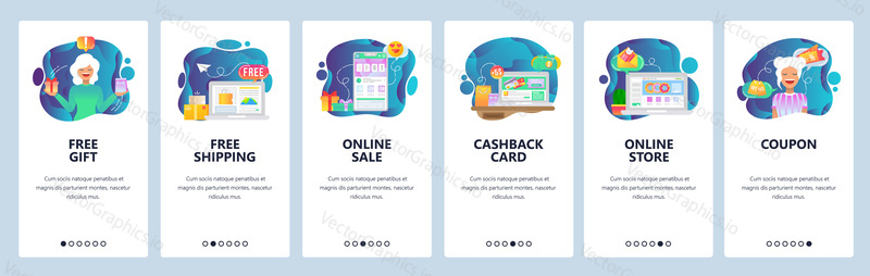 Mobile app onboarding screens. Online shopping and payment, free delivery, cashback and sale. Menu vector banner template for website and mobile development. Web site design flat illustration.