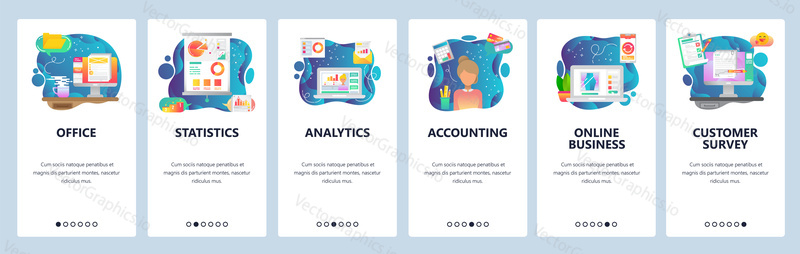 Mobile app onboarding screens. Business financial analytics, office desk, accounting and online business. Menu vector banner template for website and mobile development. Web site design flat illustration.