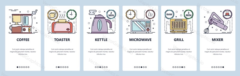 Mobile app onboarding screens. Kitchen appliances, home electronics, coffee, microwave, grill, kettle. Menu vector banner template for website and mobile development. Web site design flat illustration.