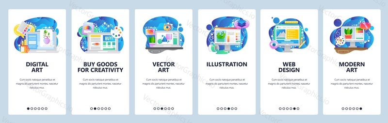 Mobile app onboarding screens. Digital art, drawing, paint palette, modern art. Menu vector banner template for website and mobile development. Web site design flat illustration.