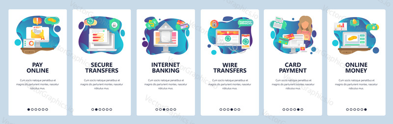 Mobile app onboarding screens. Online payment, wire transfers and digital money. Internet secure banking and finance. Menu vector banner template for website and mobile development. Web site design flat illustration.