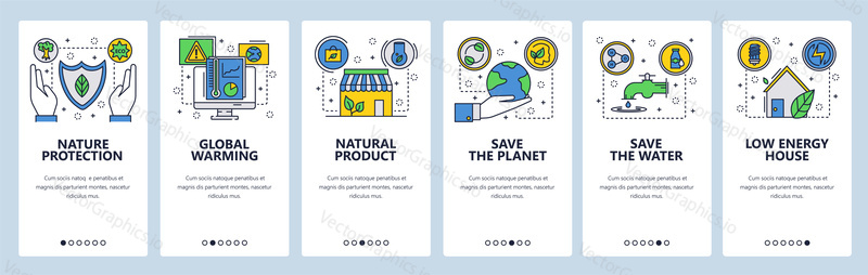 Mobile app onboarding screens. Environment, global warming and climate change, save the planet. Menu vector banner template for website and mobile development. Web site design flat illustration.