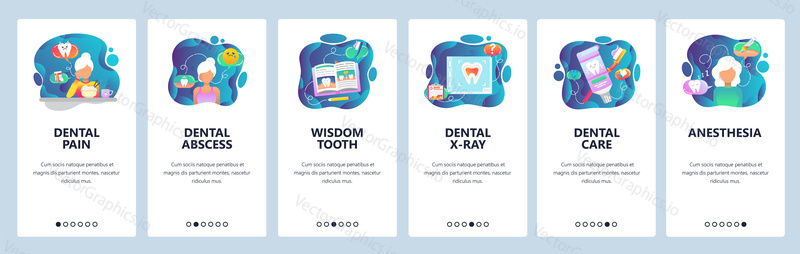 Mobile app onboarding screens. Dental clinic treatment, teeth pain, x-ray, wisdom tooth. Menu vector banner template for website and mobile development. Web site design flat illustration.