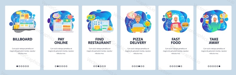 Mobile app onboarding screens. Buy fast food online, pizza delivery, take away order, credit card payment. Menu vector banner template for website and mobile development. Web site design flat illustration.