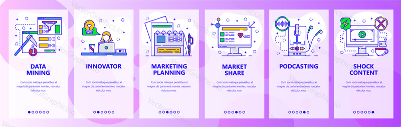 Mobile app onboarding screens. Data mining, audio and video content, podcast. Menu vector banner template for website and mobile development. Web site design flat illustration.