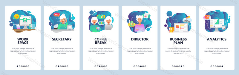 Mobile app onboarding screens. Office, coffee break, business analytics, work space. Menu vector banner template for website and mobile development. Web site design flat illustration.