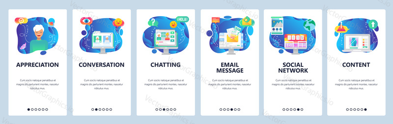 Chat and messaging web site and mobile app onboarding screens. Menu banner vector template for website and application development.