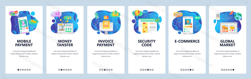 Mobile banking web site and mobile app onboarding screens. Menu banner vector template for e-commerce, online money transfer website and application development.