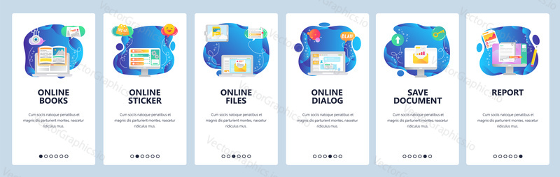 Onboarding for web site and mobile app. Menu banner vector template for website and application development. Online books, sticker, files and dialog, Save documents, Report walkthrough screens.