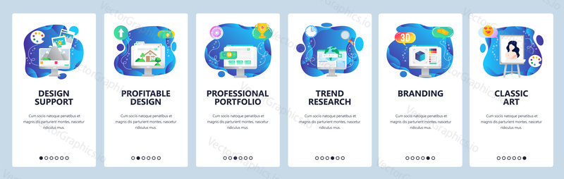 Brand design agency web site and mobile app onboarding screens. Menu banner vector template for digital creative studio website and application development.