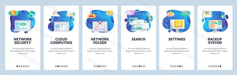 Onboarding for web site and mobile app. Menu banner vector template for website and application development. Network security, Cloud computing, Network folder, Search, Settings, Backup system screens.