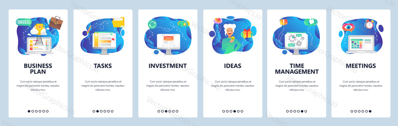 Onboarding for web site and mobile app. Menu banner vector template for website and application development. Business plan, Tasks, Investment, Ideas, Time management, Meeting walkthrough screens.