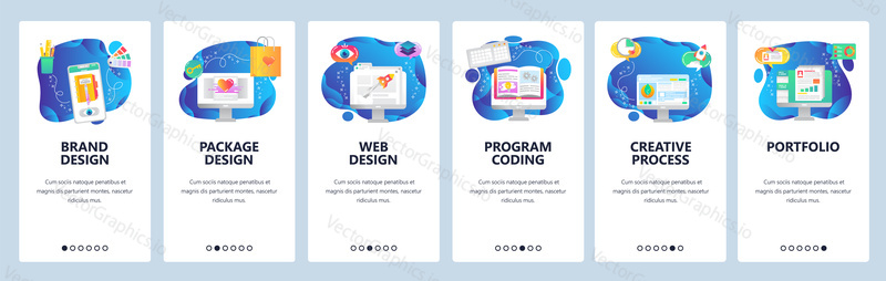 Portfolio, digital branding agency web site and mobile app onboarding screens. Menu banner vector template for website and application development.