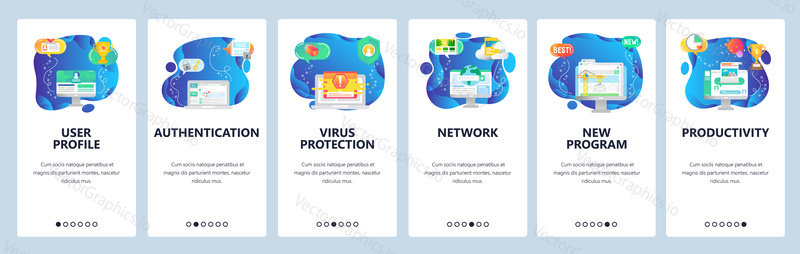 Onboarding for web site and mobile app. Menu banner vector template for website and application development. User profile, Authentication, Virus protection, Network, New program, Productivity screens.