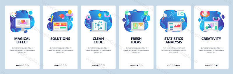 Onboarding for web site and mobile app. Menu banner vector template for website and application development. Magical effect, Solutions, Clean code, Fresh ideas, Statistics analysis, Creativity screens