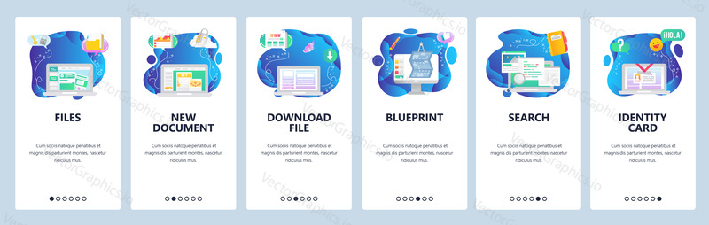 Onboarding for web site and mobile app. Menu banner vector template for website and application development. Files, New document, Download file, Blueprint, Search, Identity card walkthrough screens.