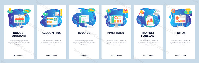 Budgeting and investment web site and mobile app onboarding screens. Menu banner vector template for website and application development.