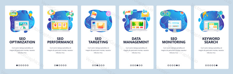 Onboarding for web site and mobile app. Menu banner vector template for website and application development. SEO optimization performance targeting monitoring, Data management, Keyword search screens.