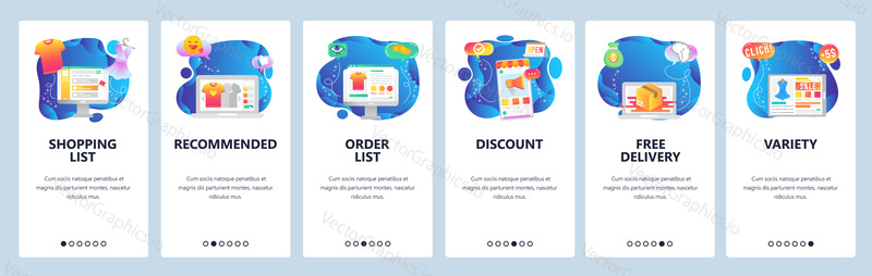 Online store web site and mobile app onboarding screens. Menu banner vector template for internet shop, e-commerce website and application development.