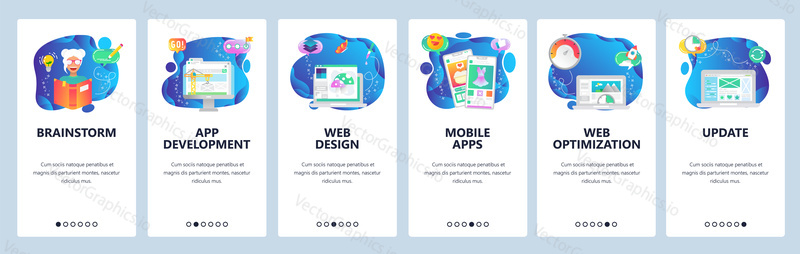 Mobile app development and web design service web site and mobile app onboarding screens. Menu banner vector template for website and application development.