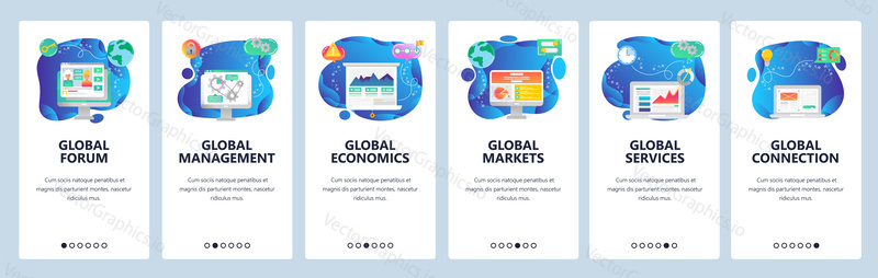 Onboarding for web site and mobile app. Menu banner vector template for website and application development. Global forum, management, economics, markets, services and connection walkthrough screens.