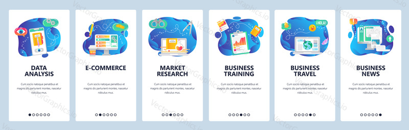 Onboarding for web site and mobile app. Menu banner vector template for website and application development. Data analysis, E-commerce, Market research, Business training, travel and news screens.