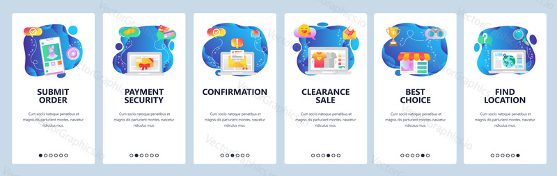 Onboarding for web site and mobile app. Menu banner vector template for website and application development. Submit order, Payment security, Confirmation, Sale, Best choice, Find location screens.