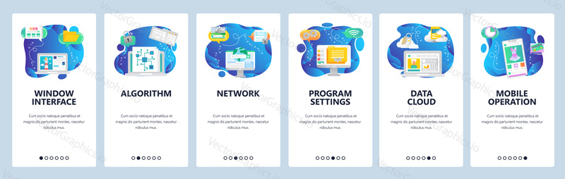 Onboarding for web site and mobile app. Menu banner vector template for website and application development. Window interface, Algorithm Network, Program settings, Data cloud, Mobile operation screens