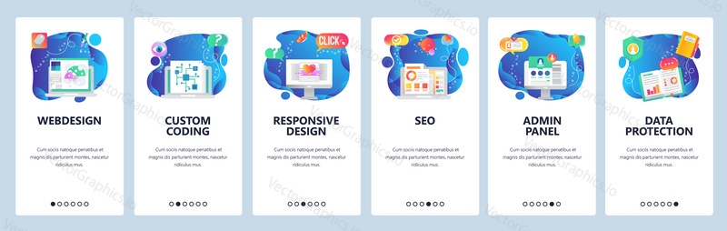 Onboarding for web site and mobile app. Menu banner vector template for website and application development. Webdesign, Custom coding, Responsive design, SEO, Admin panel, Data protection screens.