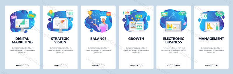 Onboarding for web site and mobile app. Menu banner vector template for website and application development. Digital marketing, Strategic vision, Balance, Growth, E-business, Management screens.