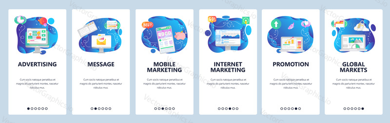 Onboarding for web site and mobile app. Menu banner vector template for website and application development. Advertising, Message, Mobile and internet marketing, Promotion, Global markets screens.