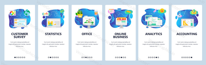 Onboarding for web site and mobile app. Menu banner vector template for website and application development. Customer survey, Statistics, Office, Online business, Analytics, Accounting screens.