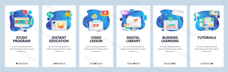 Onboarding for web site and mobile app. Menu banner vector template for website and application development. Study program, Distant education, Video lesson, Digital library, Blended learning screens.
