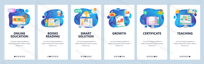 Onboarding for web site and mobile app. Menu banner vector template for website and application development. Online education, Books reading, Smart solution, Growth, Certificate, Teaching screens.