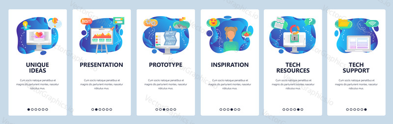 Onboarding for web site and mobile app. Menu banner vector template for website and application development. Unique ideas, Presentation, Prototype, Inspiration, Tech resources and support screens.