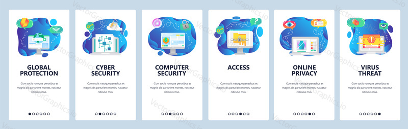 Onboarding for web site and mobile app. Menu banner vector template for website and application development. Global protection, Cyber, computer security, Access, Online privacy, Virus threat screens.