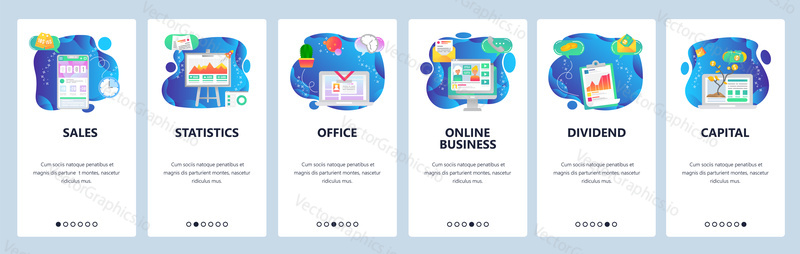 Onboarding for web site and mobile app. Menu banner vector template for website and application development. Sales, Statistics, Office, Online business, Dividend, Capital walkthrough screens.