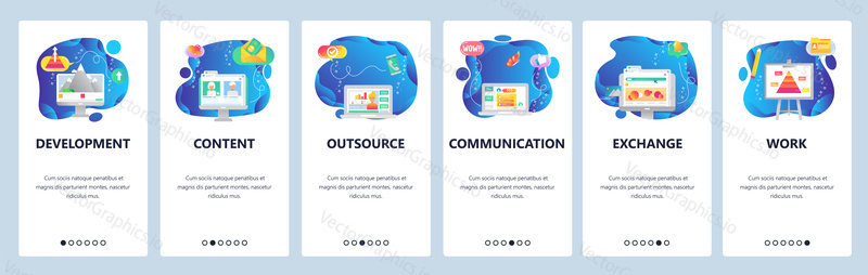Onboarding for web site and mobile app. Menu banner vector template for website and application development. Development, Content, Outsource, Communication, Exchange, Work walkthrough screens.
