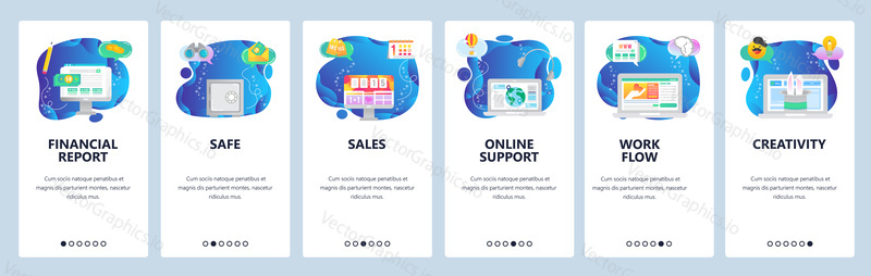 Onboarding for web site and mobile app. Menu banner vector template for website and application development. Financial report, Safe, Sales, Online support, Workflow, Creativity walkthrough screens.