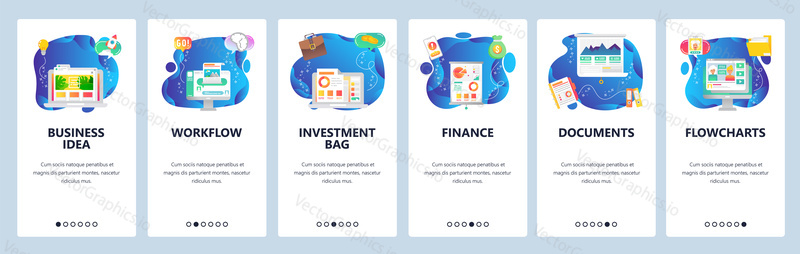 Onboarding for web site and mobile app. Menu banner vector template for website and application development. Business idea, Workflow, Investment bag, Finance, Documents, Flowcharts walkthrough screens