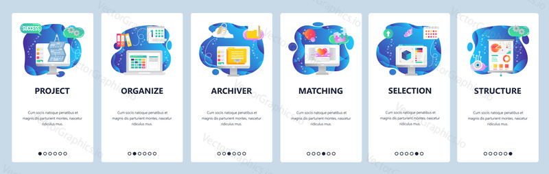Onboarding for web site and mobile app. Menu banner vector template for website and application development. Project, Organize, Archiver, Matching, Selection, Structure walkthrough screens.