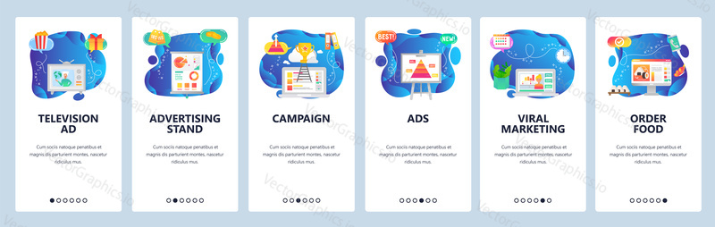 Onboarding for web site and mobile app. Menu banner vector template for website and application development. Television ad, Advertising stand, Campaign, Ads, Viral marketing, Order food screens.