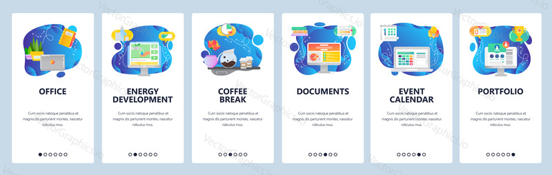 Onboarding for web site and mobile app. Menu banner vector template for website and application development. Office, Energy development, Coffee break, Documents, Event calendar, Portfolio screens.
