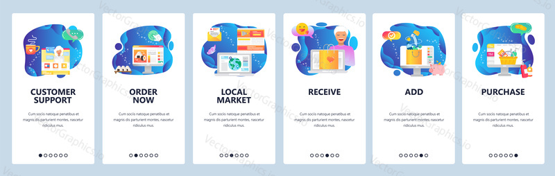 Onboarding for web site and mobile app. Menu banner vector template for website and application development. Customer support, Order now, Local market, Receive, Add, Purchase walkthrough screens.