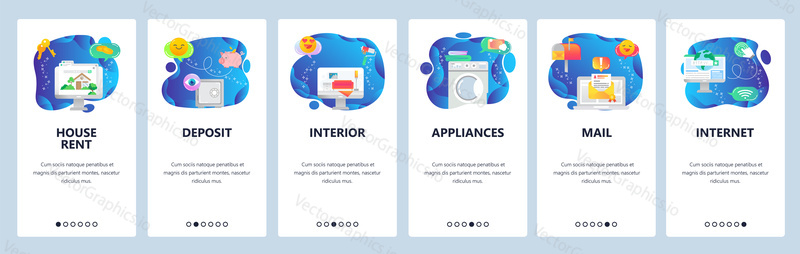 Onboarding for web site and mobile app. Menu banner vector template for website and application development. House rent, Deposit, Interior, Appliances, Mail, Internet walkthrough screens.