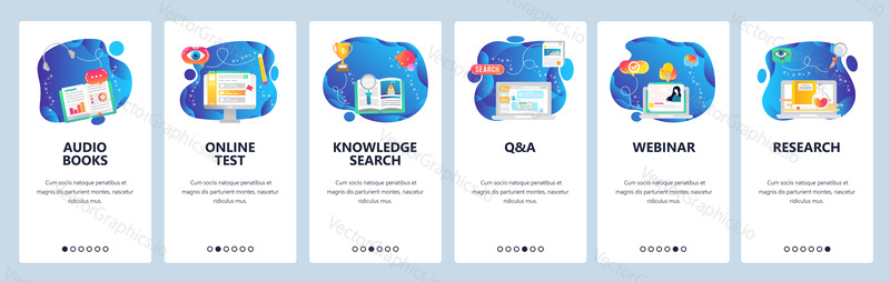 Onboarding for web site and mobile app. Menu banner vector template for website and application development. Audio books, Online test, Knowledge search, Q and A, Webinar, Research walkthrough screens.
