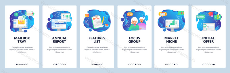 Onboarding for web site and mobile app. Menu banner vector template for website and application development. Mailbox tray Annual report, Features list, Focus group, Market niche, Initial offer screens