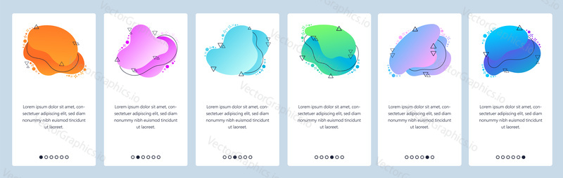 Website and mobile app onboarding screens. Menu banner vector template for web site and application development with trendy blue, orange, violet and other color gradient dynamic liquid abstract shapes